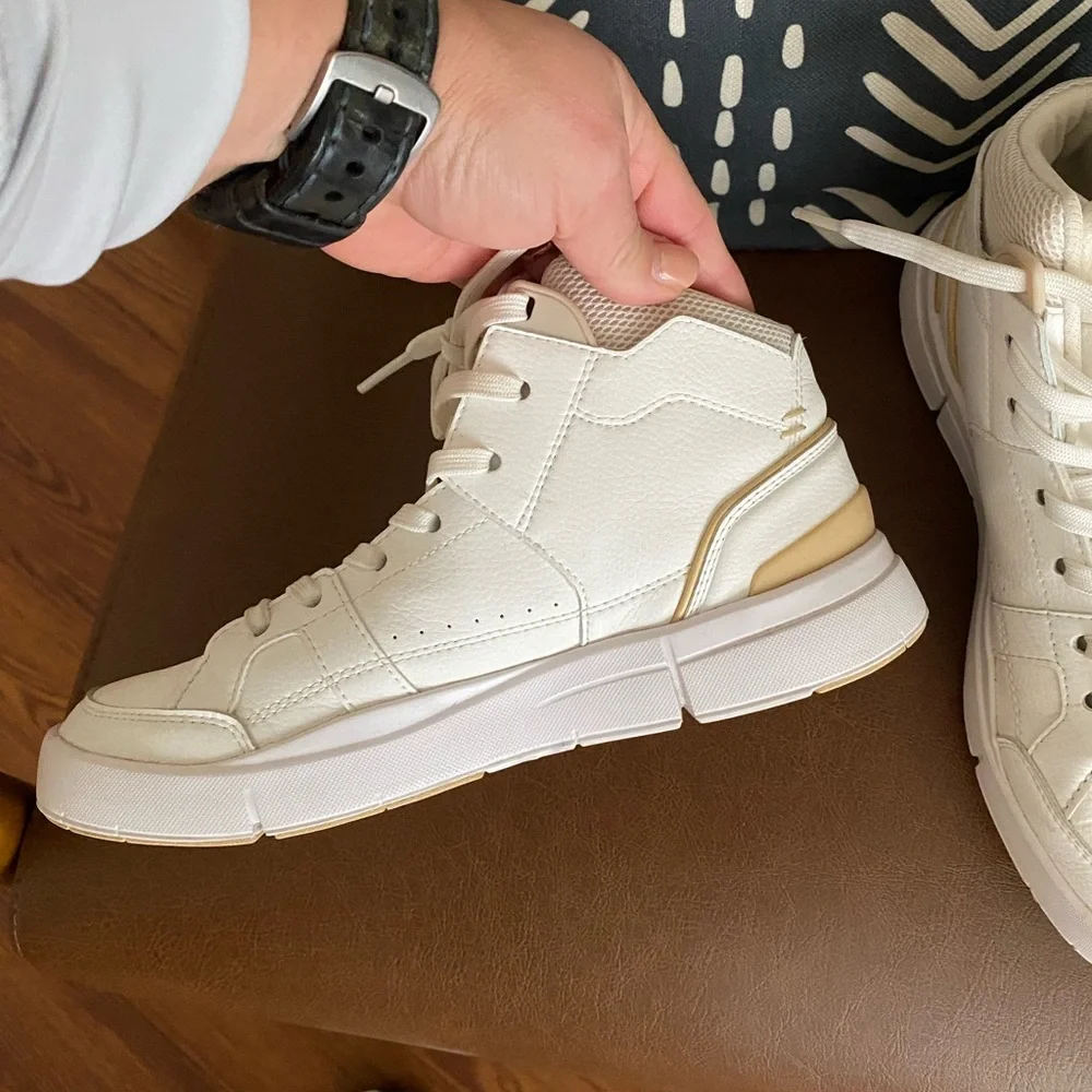 On Cloud Running Women's Beige and White Sneakers- high top leather - Picture 4 of 5